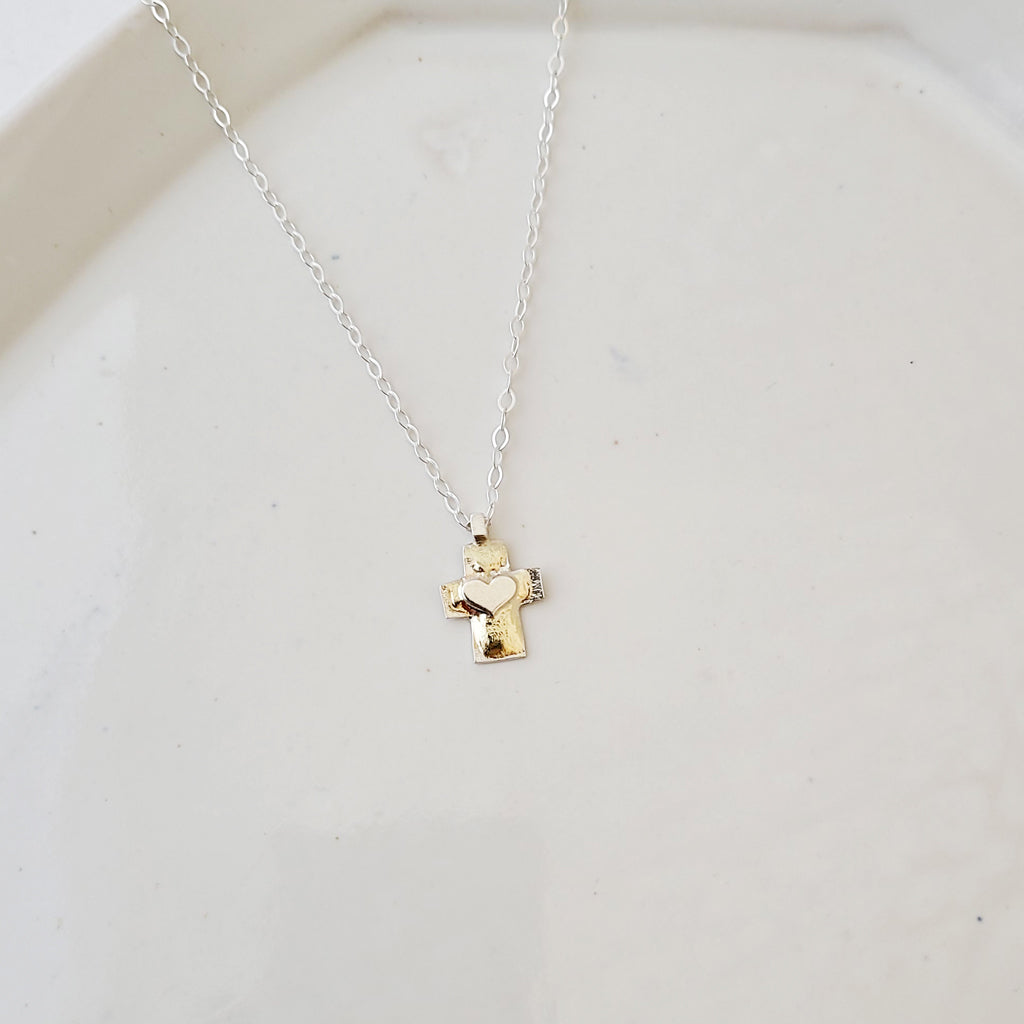 Touched with Gold Cross - Handmade Sterling Silver Cross and Heart Necklace