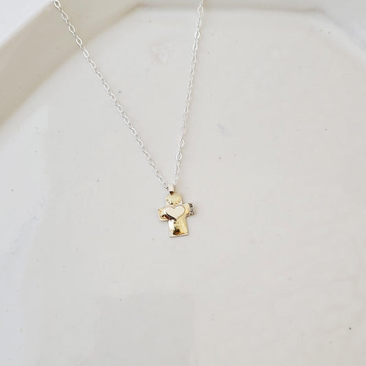 Touched with Gold Cross - Handmade Sterling Silver Cross and Heart Necklace