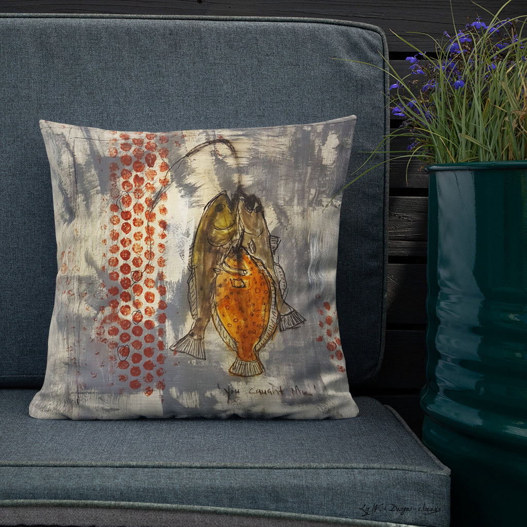 You Caught Me I - Artful, Decorative Throw Pillow with three fish on a stringer with abstract background.  Original art on pillow.