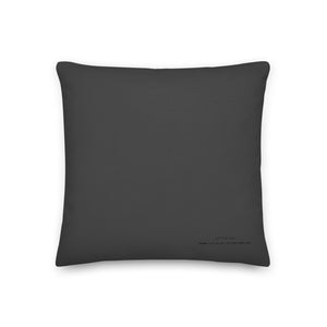 Back of pillow of original art. Plum circle on gray and light burnt orange background with off-white leaf design.