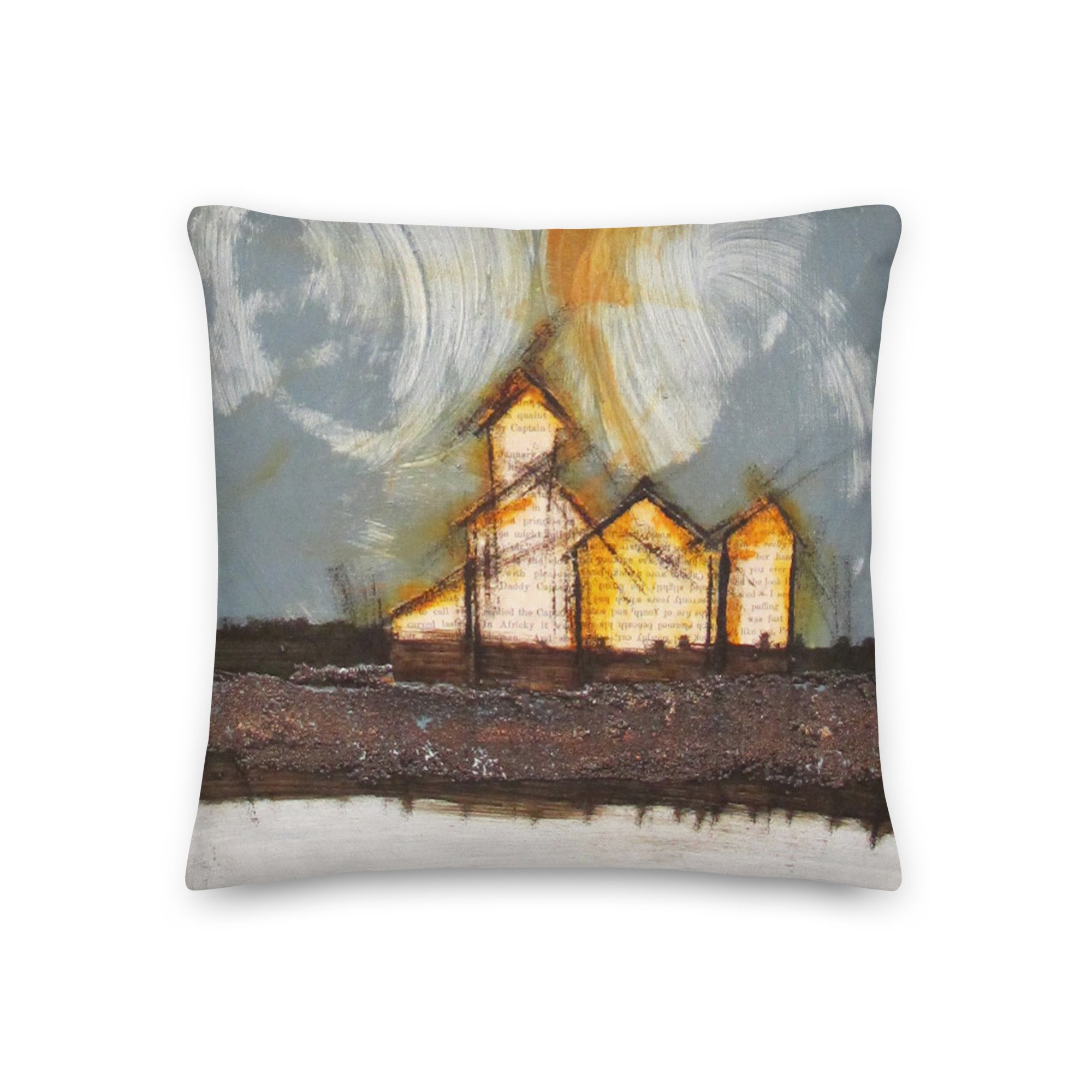 Beauty in the Sky Above I - Artful, Decorative Throw Pillow with blue skies above prairie landscape and elevators and grain sheds.  Original art on pillow.