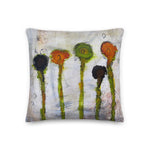 Sprouting Blooms - Artful, Decorative Throw Pillow with bright navy, plus, orange and green budding flowers on abstract off-white background.  Original art on pillow.