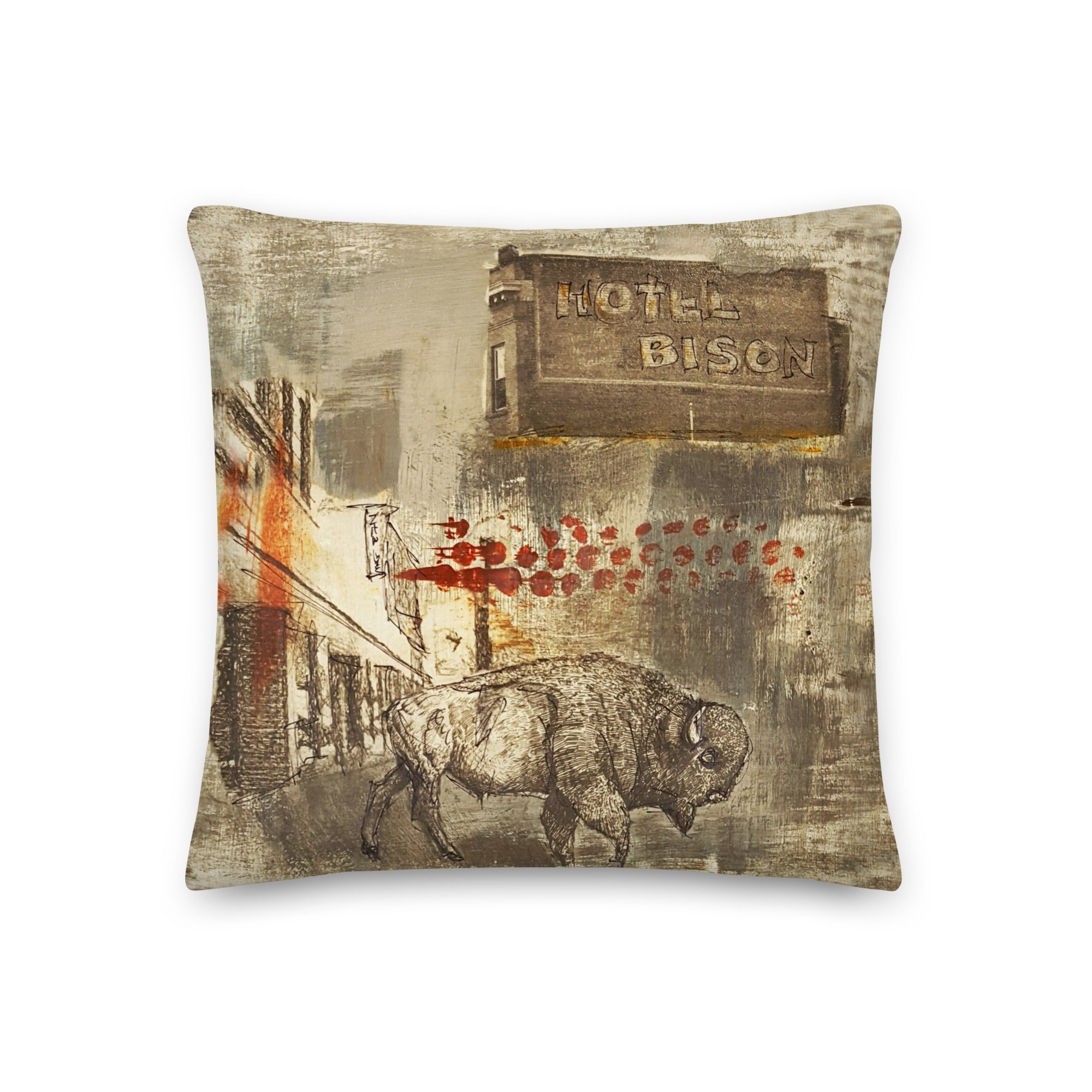 Hotel Bison I - Artful, Decorative Throw Pillow with bison roaming under Hotel Bison sign in abstract downtown setting.  Original art on pillow.