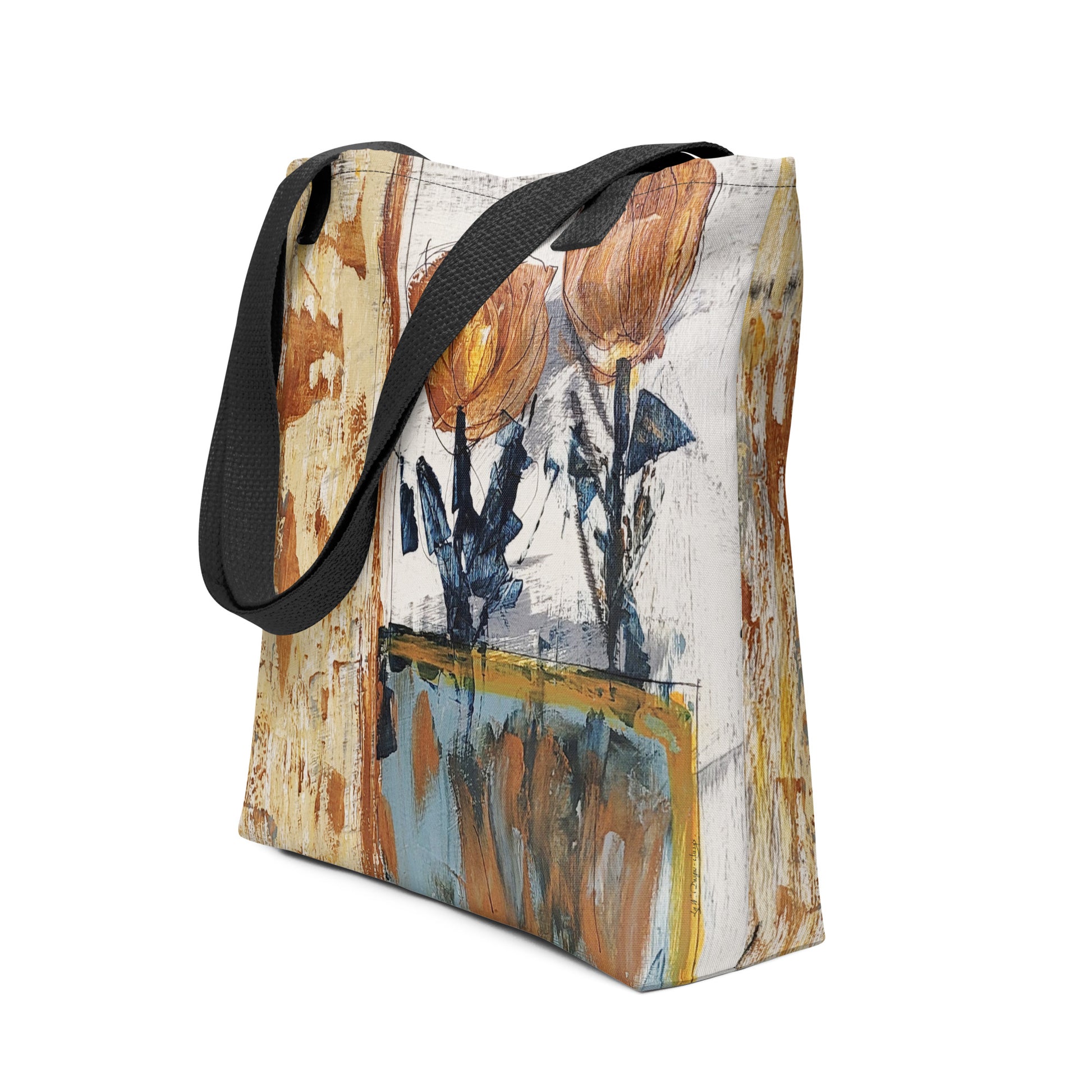Original floral art in earth tone hues on spun polyester tote bag with black handles, by c.lizzy's.