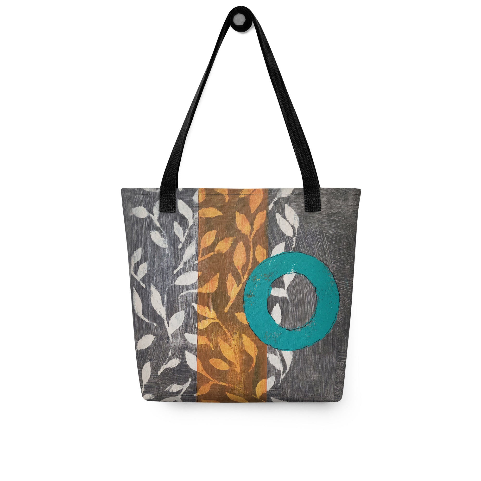 Tote bag of original art.  Turquoise circle on gray and light burnt orange background with off-white leaf design.