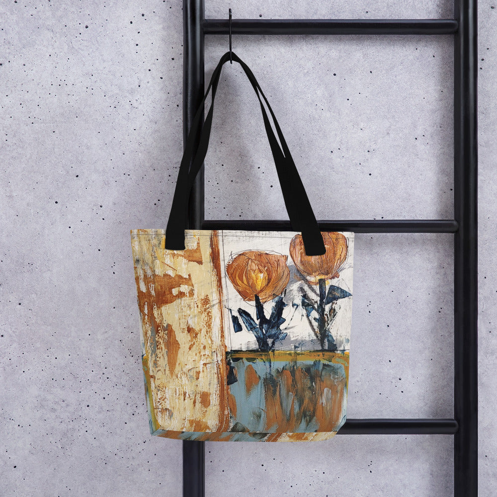 Original floral art in earth tone hues on spun polyester tote bag with black handles, by c.lizzy's.