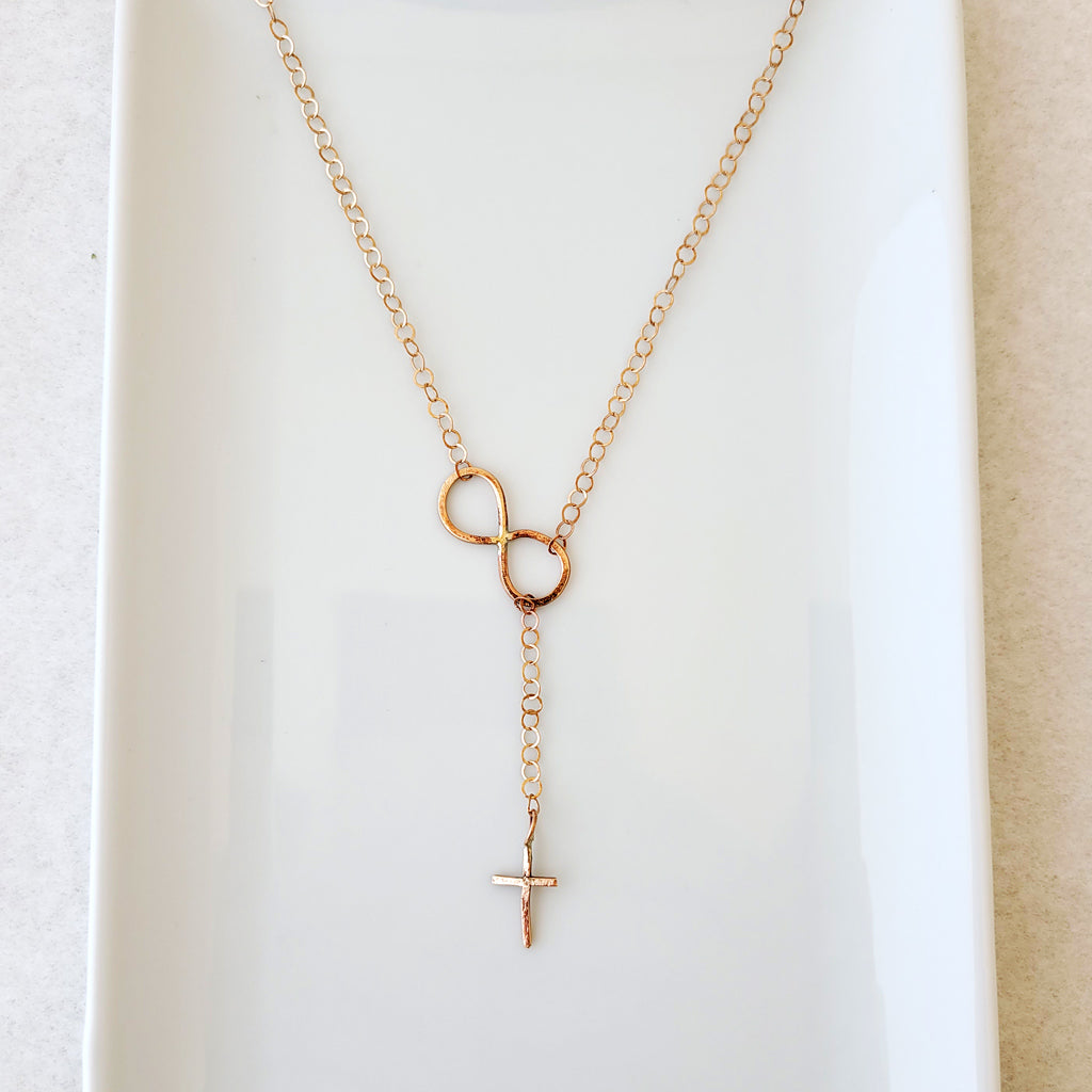 Bronze infinity and cross necklace