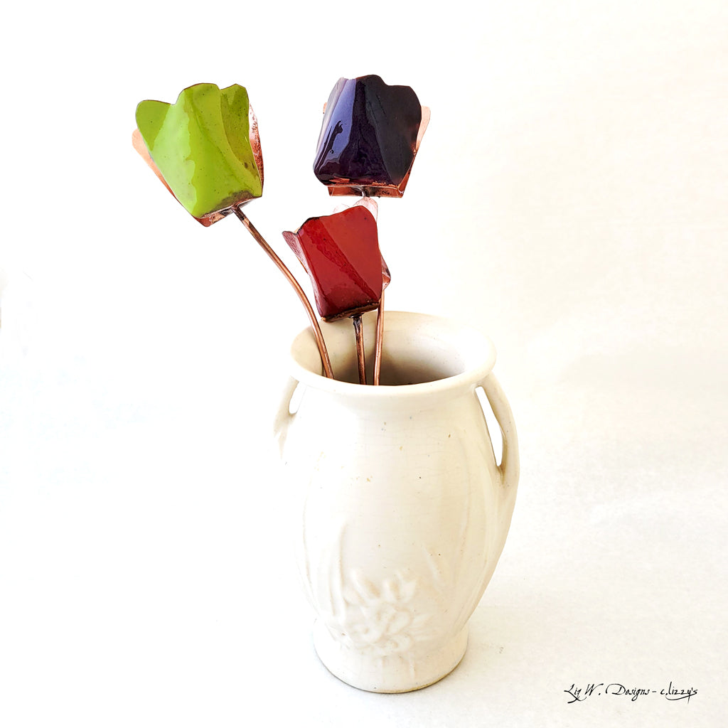 White enamel on handmade copper tulip with copper stem