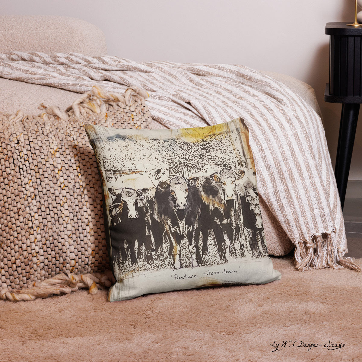 Throw pillow featuring cattle, cows, farm life and ranch life in a pasture.