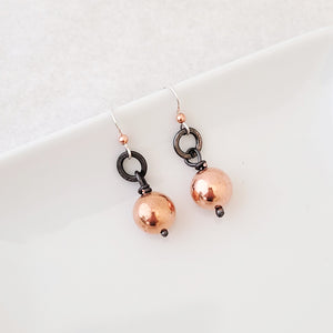 Handmade copper bead earrings with dark patina copper hoop
