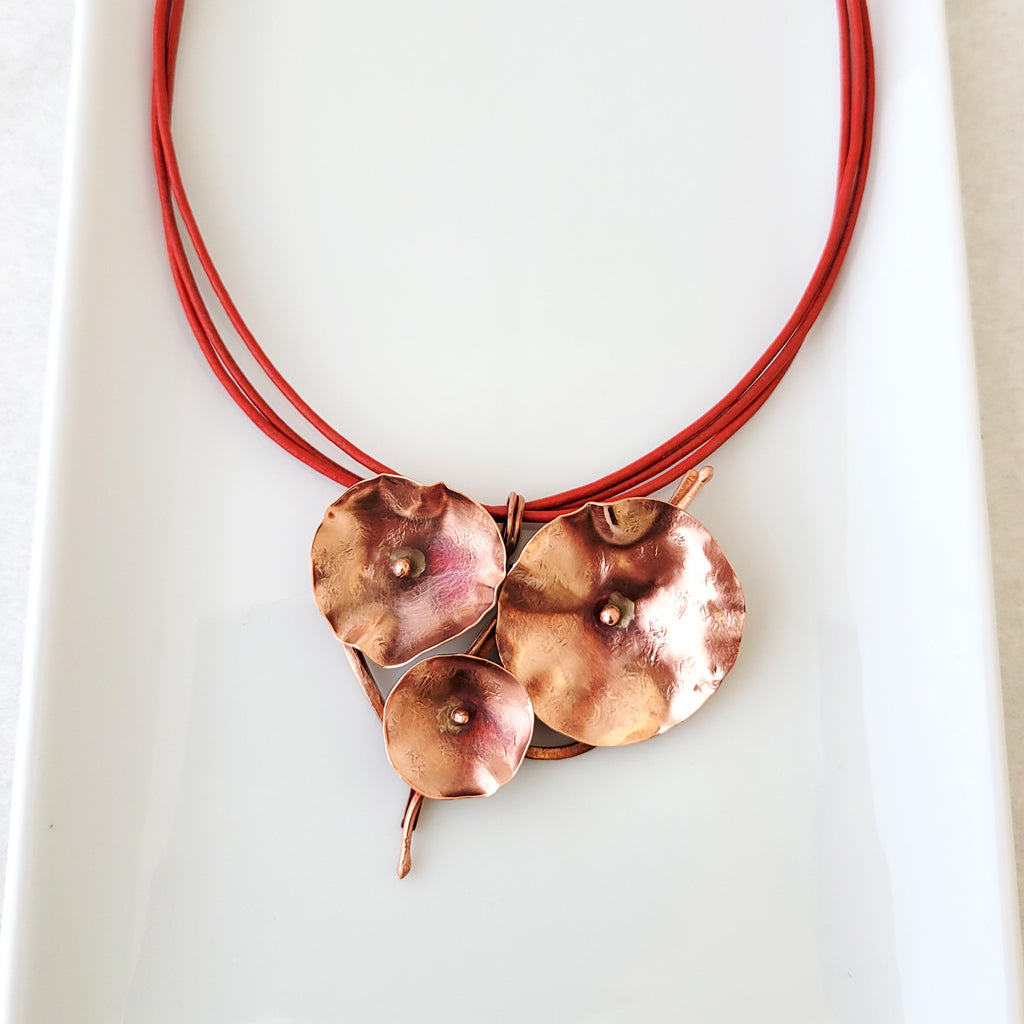 Red poppy and copper flower necklace