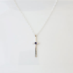 Sapphire and sterling silver cross necklace