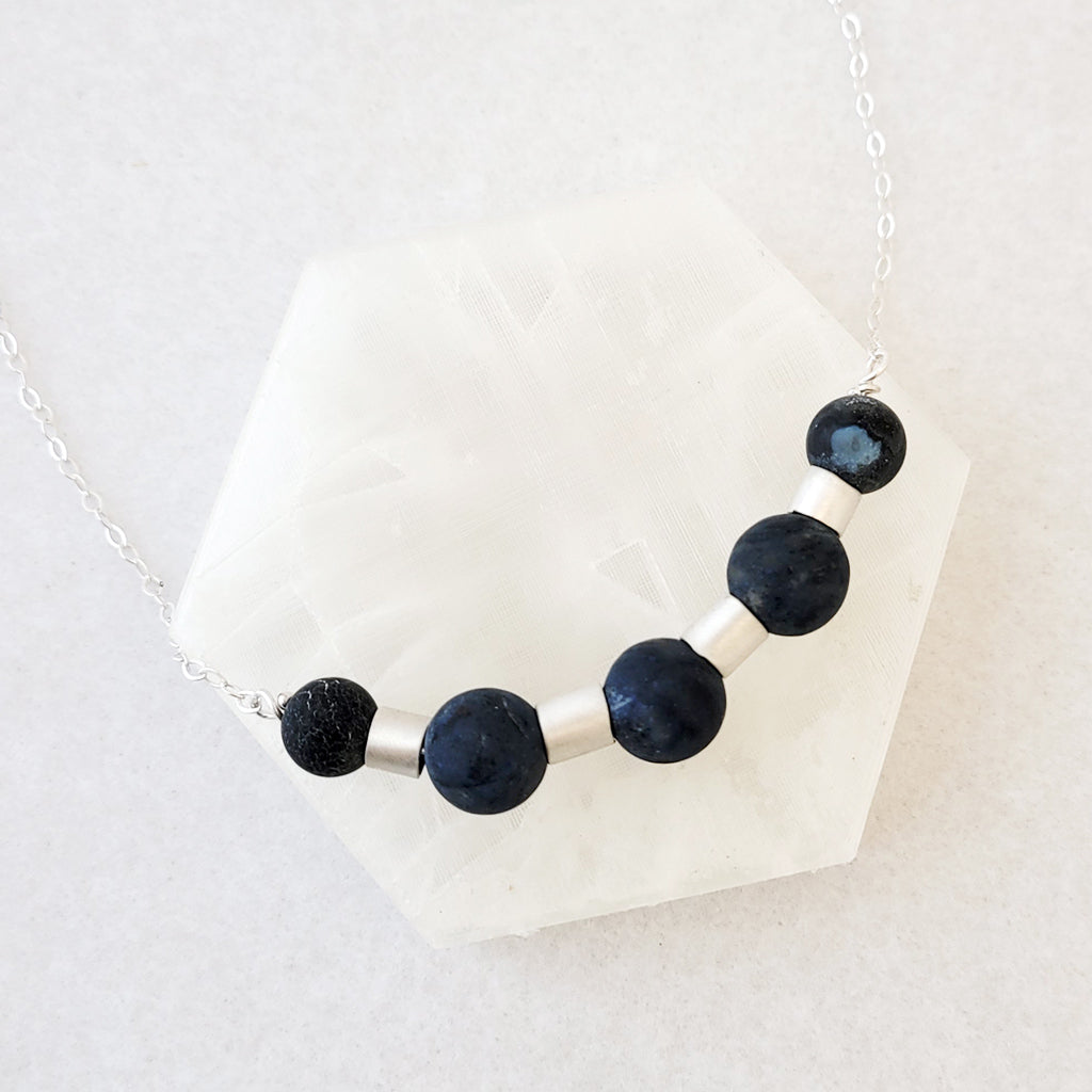 Silver Rolls with Dark Navy Agates - Necklace