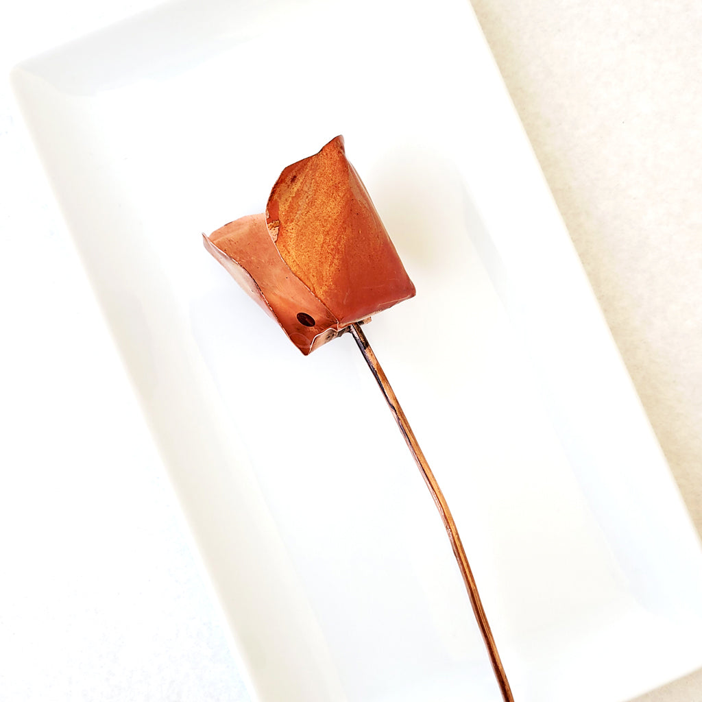 Blush enamel on handmade copper tulip with copper stem