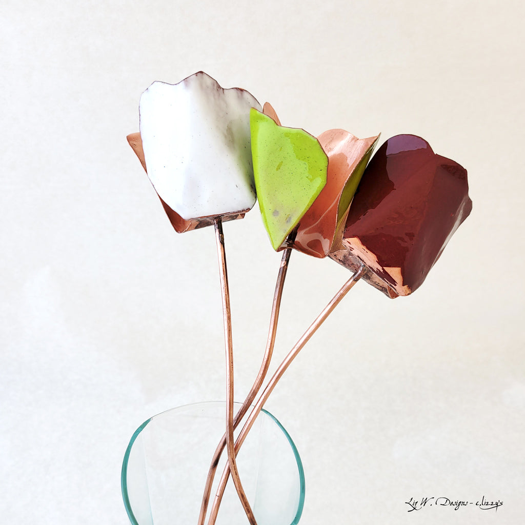 White enamel on handmade copper tulip with copper stem