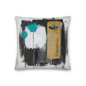 Tiptoe Through the Tulips in Turquoise - Artful, Decorative Throw Pillow with turquoise tulip with abstract dark charcoal and gold background.  Original art on pillow.