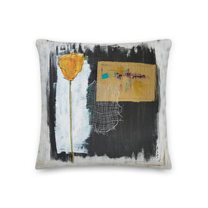 Tiptoe Through the Tulips in Goldenrod - Artful, Decorative Throw Pillow with goldenrod tulip with abstract dark charcoal and gold background.  Original art on pillow.