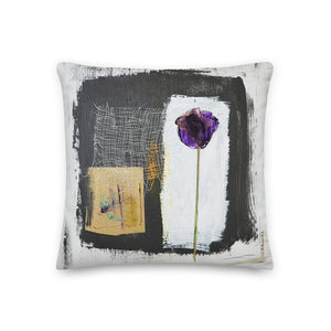 Tiptoe Through the Tulips in Plum - Artful, Decorative Throw Pillow with plum tulip with abstract dark charcoal and gold background.  Original art on pillow.
